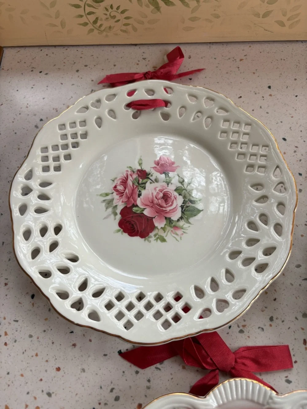 Baum Bros “Amalfi” Porcelain Plate Set – Rose Floral Ribbon Wall Plates Set of 3